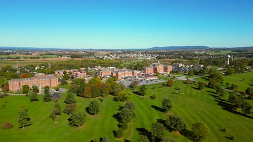 Aerial drone view of Veterans Affairs hospital.