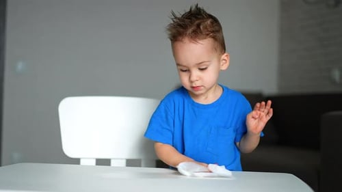 Caucasian toddler in a blue t-shirt cleaning the table with a napkin.