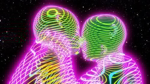 Couple man and woman, girl and boy in color bands kiss and spin