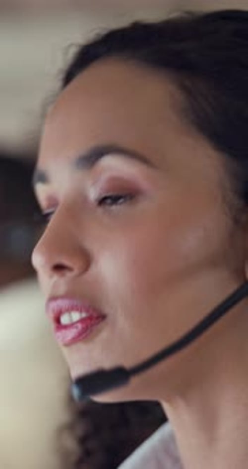 Business woman, call center and microphone with talking as technical support