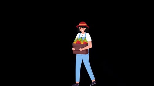 Female Farmer Holding A Fruit And Vegetable Basket On Alpha Channel