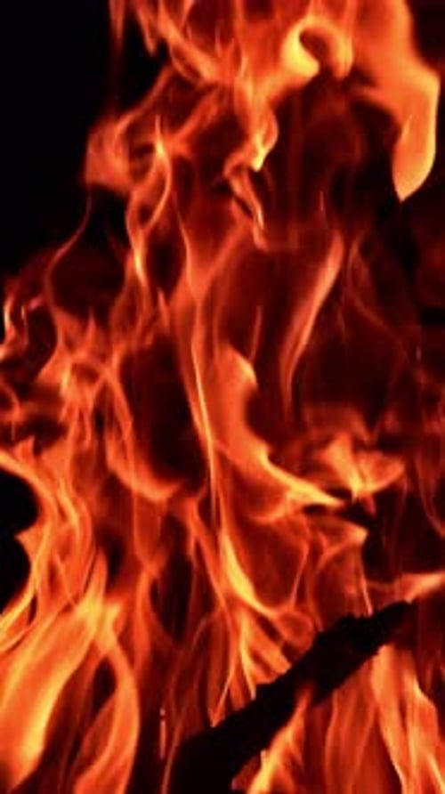 Bonfire flame heating in slow motion. Night fireplace glowing.