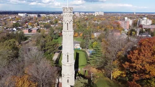 Battlefield Monument In Hamilton, Ontario, Canada With Overview Of Battlefield House Museum And Park