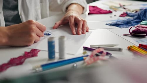 Girl Draws Sketches For A New Fashion Design. A Fashion Designer Works In A Studio. A Bright Dress