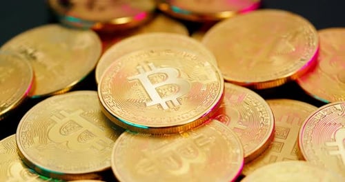 Macro Shot of Gold Bitcoin Coins
