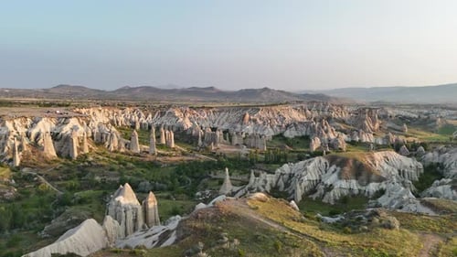 Aerial View of Stunning Cappadocia Rock Formations at Sunrise in Turkey