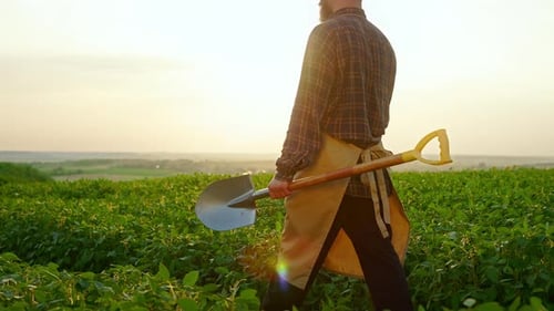 Hardworking Farmer Walking Holding Spade Working on Field at Sunset