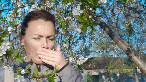 Woman with Seasonal Allergies Sneezing Outdoors
