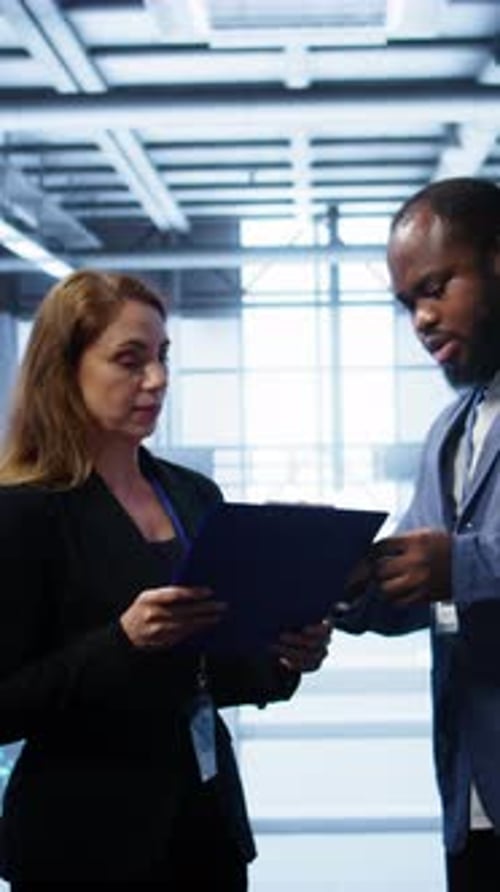 Vertical Video Team of Admin in Server Hub Checking Recovery Plan Monitoring Data Center
