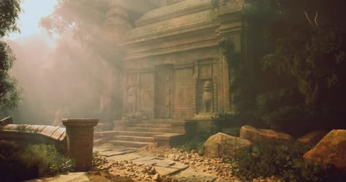 Ruines d'anciens temples entourées d'une végétation luxuriante dans une douce lumière matinale