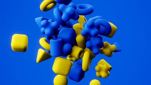 3d Abstract Motion Graphics with Flying Around Blue and Yellow Geometric Shapes on Blue Background