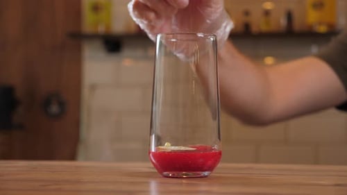 Nahaufnahme des Barkeepers beim Einlegen von Zitronenscheiben mit einem Glas Beerensaft
