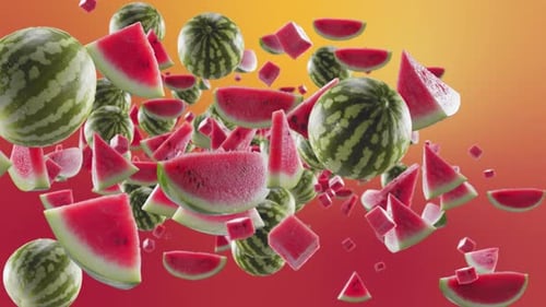 Vibrant Watermelon Slices and Whole Fruits Scattering Animation