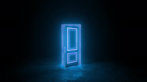 Porta de néon que se abre em um quarto escuro