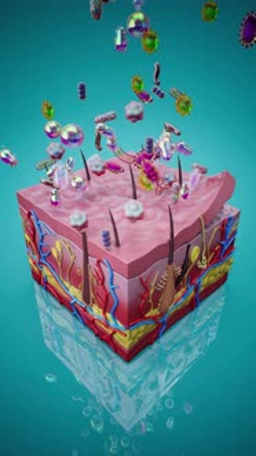 Conceptual 3D animation of skin tissue fighting bacteria and viruses
