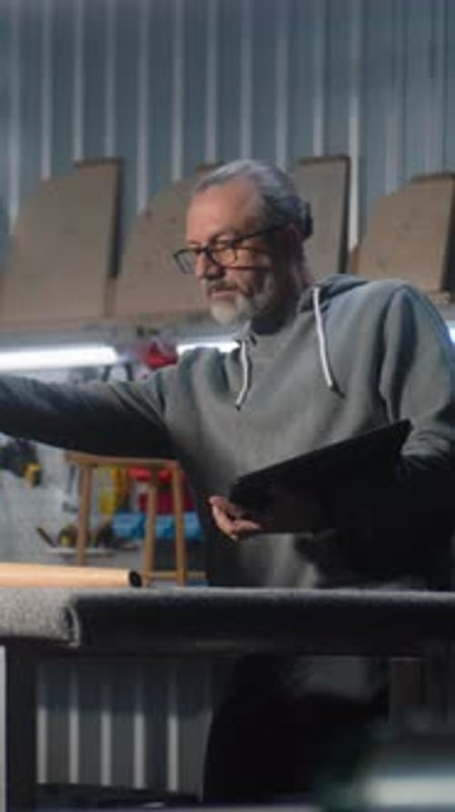 Craftsman Consults Tablet in Bright Workshop