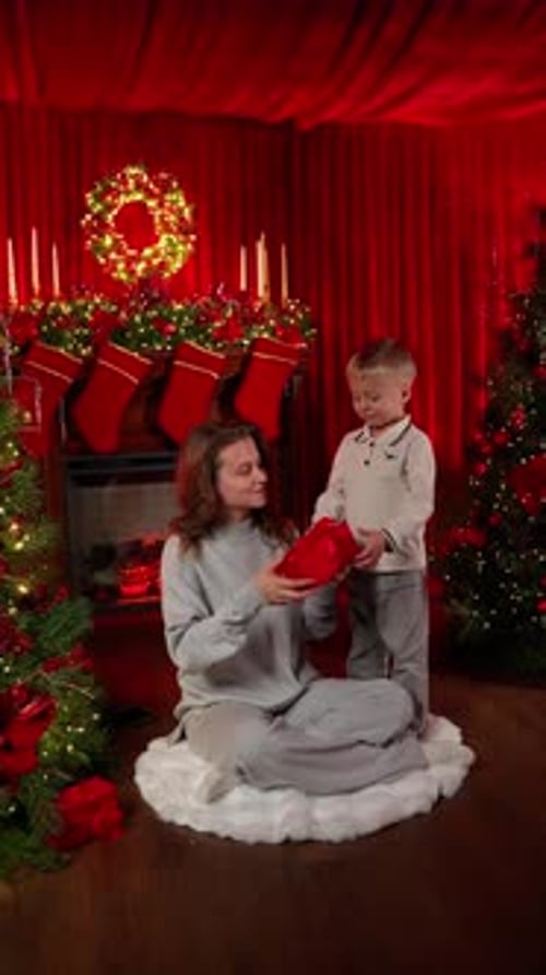 Woman and Child Exchanging Gifts Near Christmas Tree