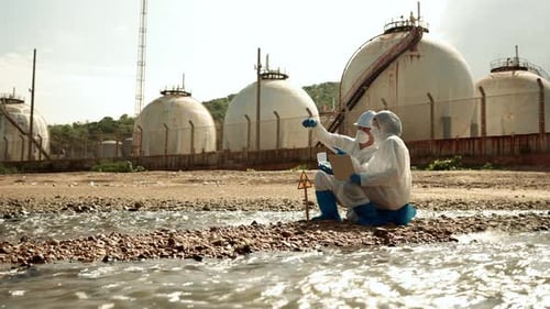Scientists in Protective Suits Sampling Near Industrial Site