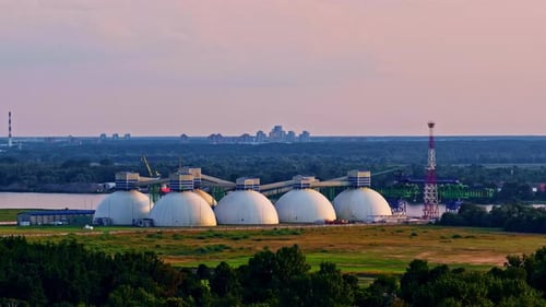 Aerial View of the Riga Fertilizer Terminal in the Port of Riga at sunset, Latvia