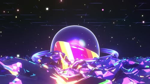 Vibrant Neon Planet Glowing Rings Cosmic Abstract Art Space Galaxy Stars Digital Artwork Futuristic