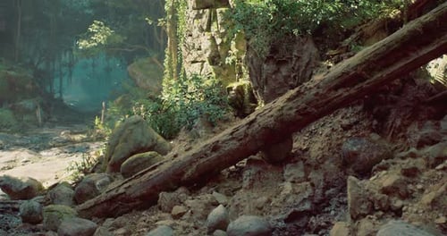 Scenic Forest Landscape with Fallen Tree and Rocky Ground in Sunlight
