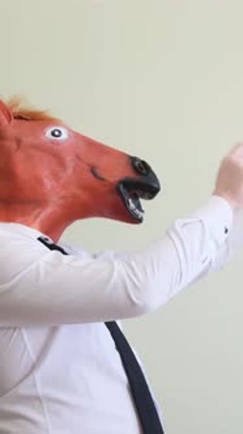 Crazy Man Dancing in Horse Mask on Background in Studio Vertical Video