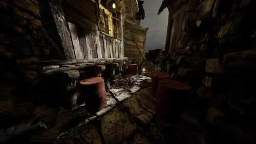 Night View of a Narrow Alley with Barrels and Rustic Architecture