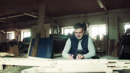 Man Worker in the Carpentry Workshop, Making Plans