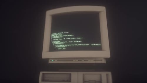 Ordinateur personnel ou PC rétro avec code source affiché à l'écran, affichage