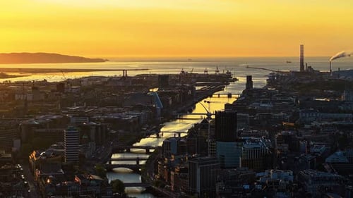 Sunrise Over Dublin Cityscape: Aerial View