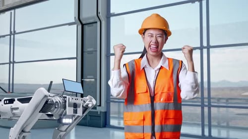 Asian Female Engineer Screaming Goal Celebrating Working In High Tech Factory, Robot Dog