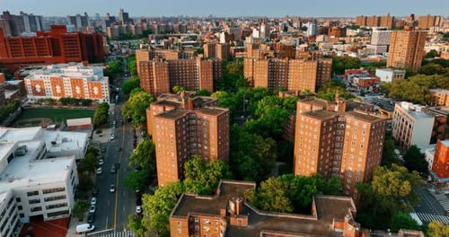 Stunning architecture of modern New York city. Aerial view of metropolis n sunny day.