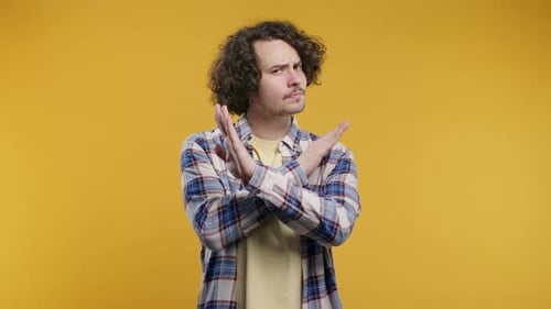 No Never Curly Haired Man Rejecting Gesture Stop Crossing Hands Ban Timeout