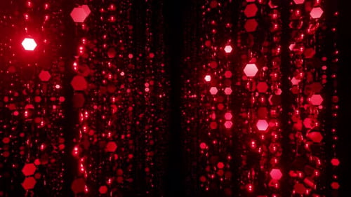 Corridor de récompenses de particules hexagonales rouges scintillantes, de bokeh ou de guirlande à paillettes, rendu 3D VJ Loop