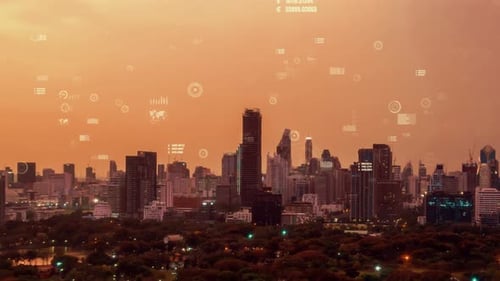 Business Data Analytic Interface Fly Over Smart City Showing Alteration Future