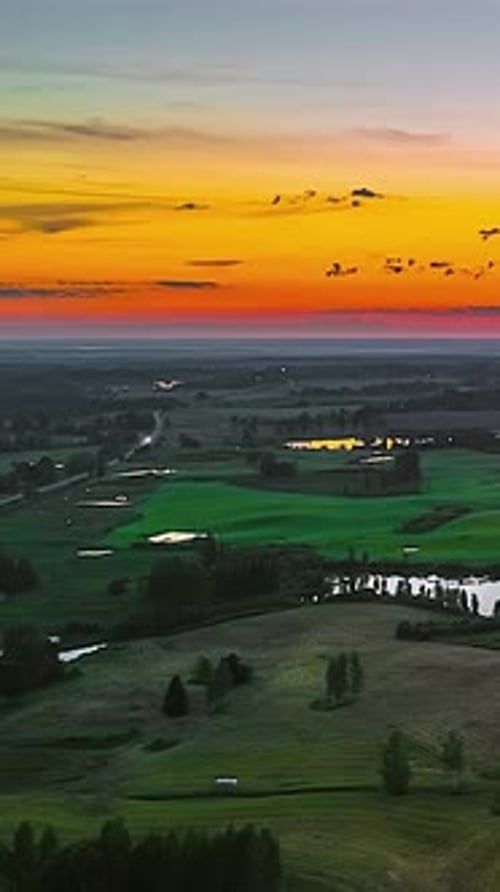 Aerial View of Countryside at Colorful Sunset