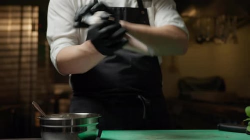Chef Prepares Sac A Poche With Shrimp Mayonnaise In Professional Restaurant