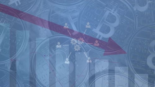 Animation of financial data processing with red arrow descending and icons over bitcoins