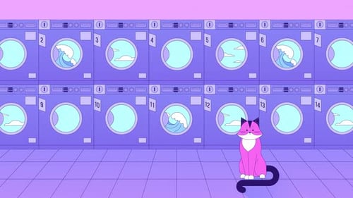 Cartoon Laundry Room Animation with Waves, Clouds, and Cat
