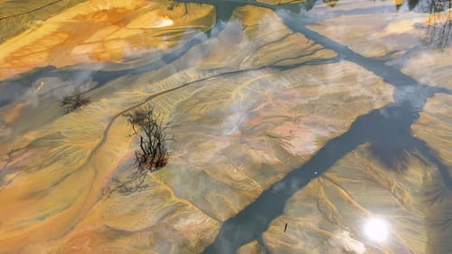 Aerial view of colorful natural water patterns. Mining water pollution, environmental pollution