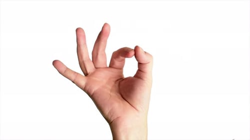 Close up shot of a male hand holding up a classic ok or perfect sign, against a plain white backgrou
