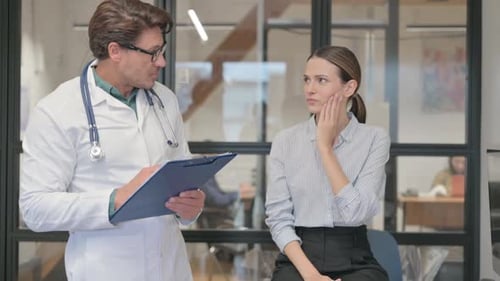 Woman Explains Toothache to Doctor at Clinic