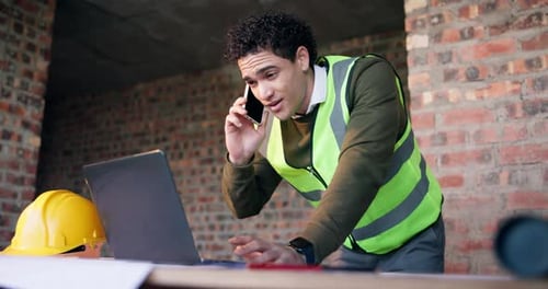 Man, laptop and phone call on construction site for architecture, inspection or update planning