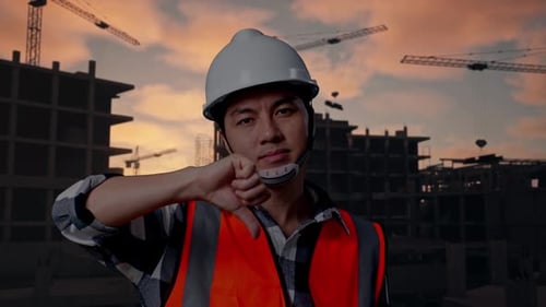 Asian Male Engineer Showing Thumbs Down Gesture And Shaking His Head At Building Site