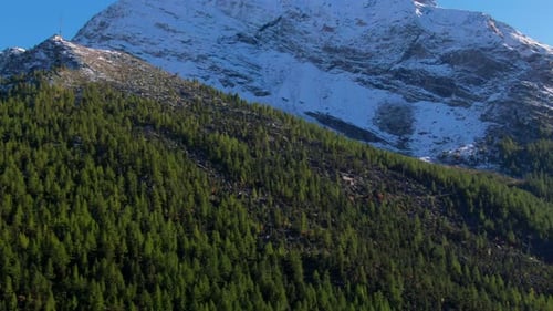 Snow Covered Mountain Peak Above Green Forested Hillside