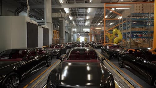 Intérieur d'une usine automobile. Carrosserie de couleur noire sur une chaîne de montage de voitures