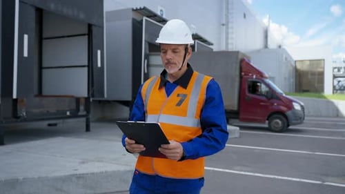 Engineer Stands Near Warehouse Doing Stock Tick Check