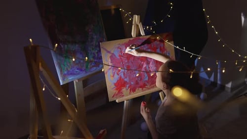 Artist with Skillful Hands and Creative Thinking Draws on an Easel Elegant Drawings That Amaze with