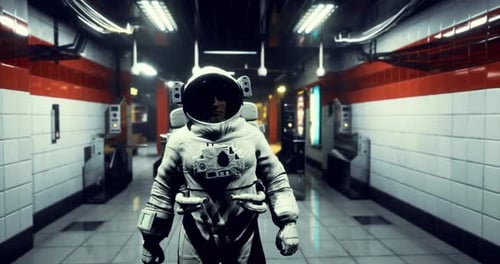 Astronaut in Futuristic Sci-Fi Space Station Corridor