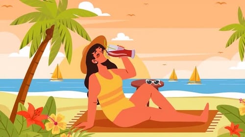 Woman Relaxing on Tropical Beach Drinking Fresh Juice - Summer Vacation - Travel